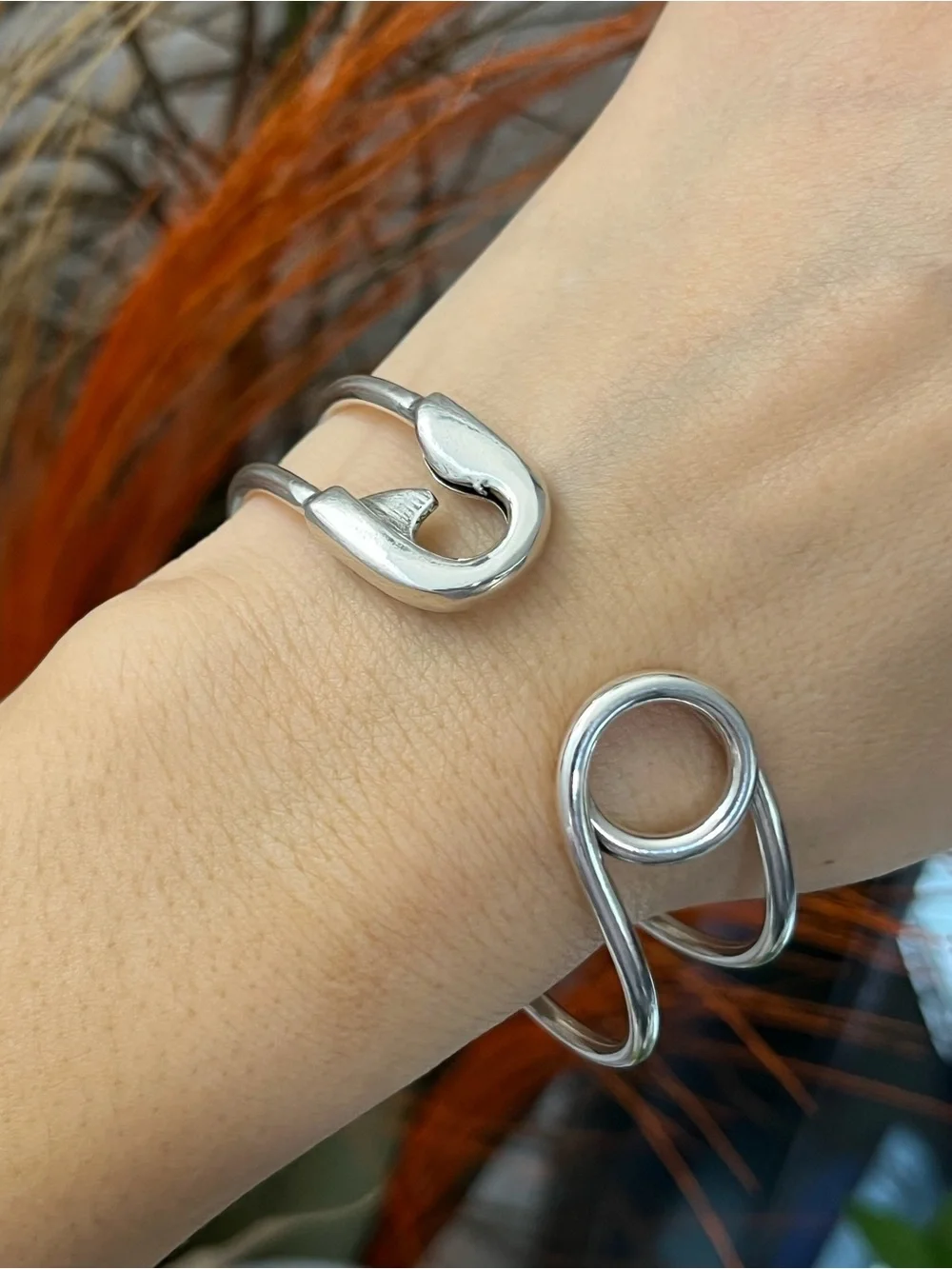 Unisex S925 silver big safety pin cuff bangle bracelet for women girls gift